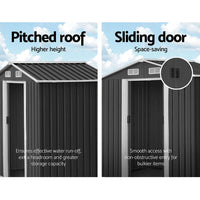 Wide shot of the garden shed in a yard, showing its size and weatherproof build.