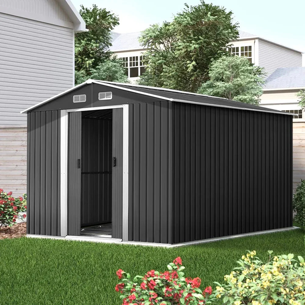 Roof detail of the metal shed emphasizing durability and design to withstand outdoor elements.