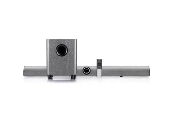 Silver Edifier B8 CineSound Soundbar and wireless subwoofer system for home theater audio