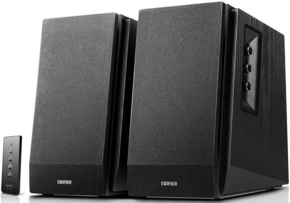 Black EDIFIER R1700BT Bluetooth bookshelf studio speakers with sleek wireless remote on white background