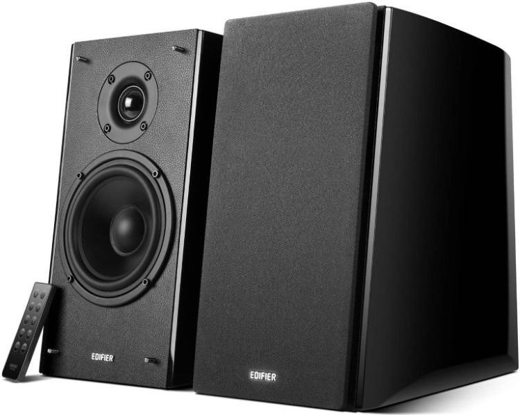 Black EDIFIER R2000DB powered Bluetooth bookshelf speakers with high-gloss piano finish, showing front and side views