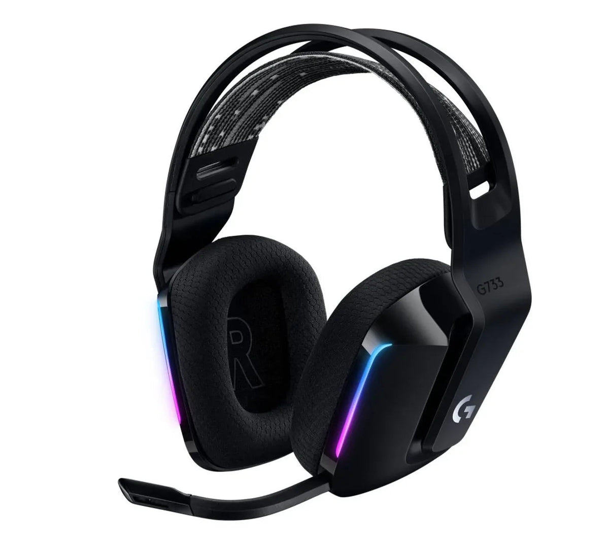 Black Logitech G733 wireless RGB gaming headset with padded ear cups and adjustable headband on white background