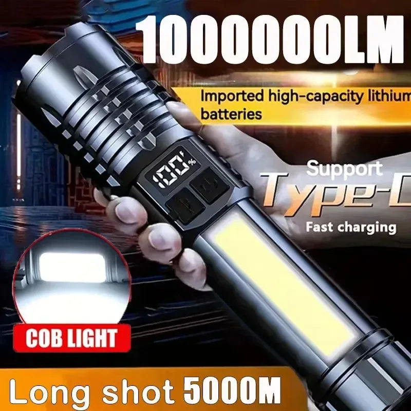 Compact high power LED flashlight with a textured grip and COB light panel in black.