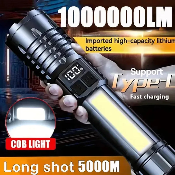 Compact high power LED flashlight with a textured grip and COB light panel in black.