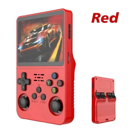 Handheld game console connected to charger showcasing its portability and design