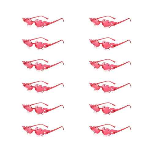 A set of twelve colorful flame-shaped sunglasses arranged in a semi-circle on a white background.