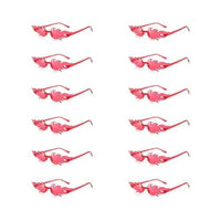 A set of twelve colorful flame-shaped sunglasses arranged in a semi-circle on a white background.