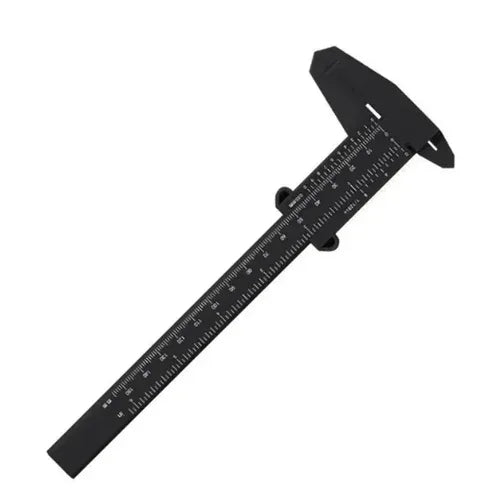 A small plastic digital caliper with a clear display, used for precise measuring in woodworking projects.