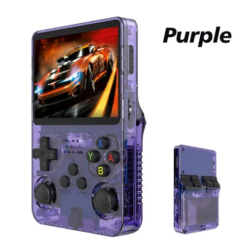 User holding R36S console showing dynamic gameplay on bright IPS screen