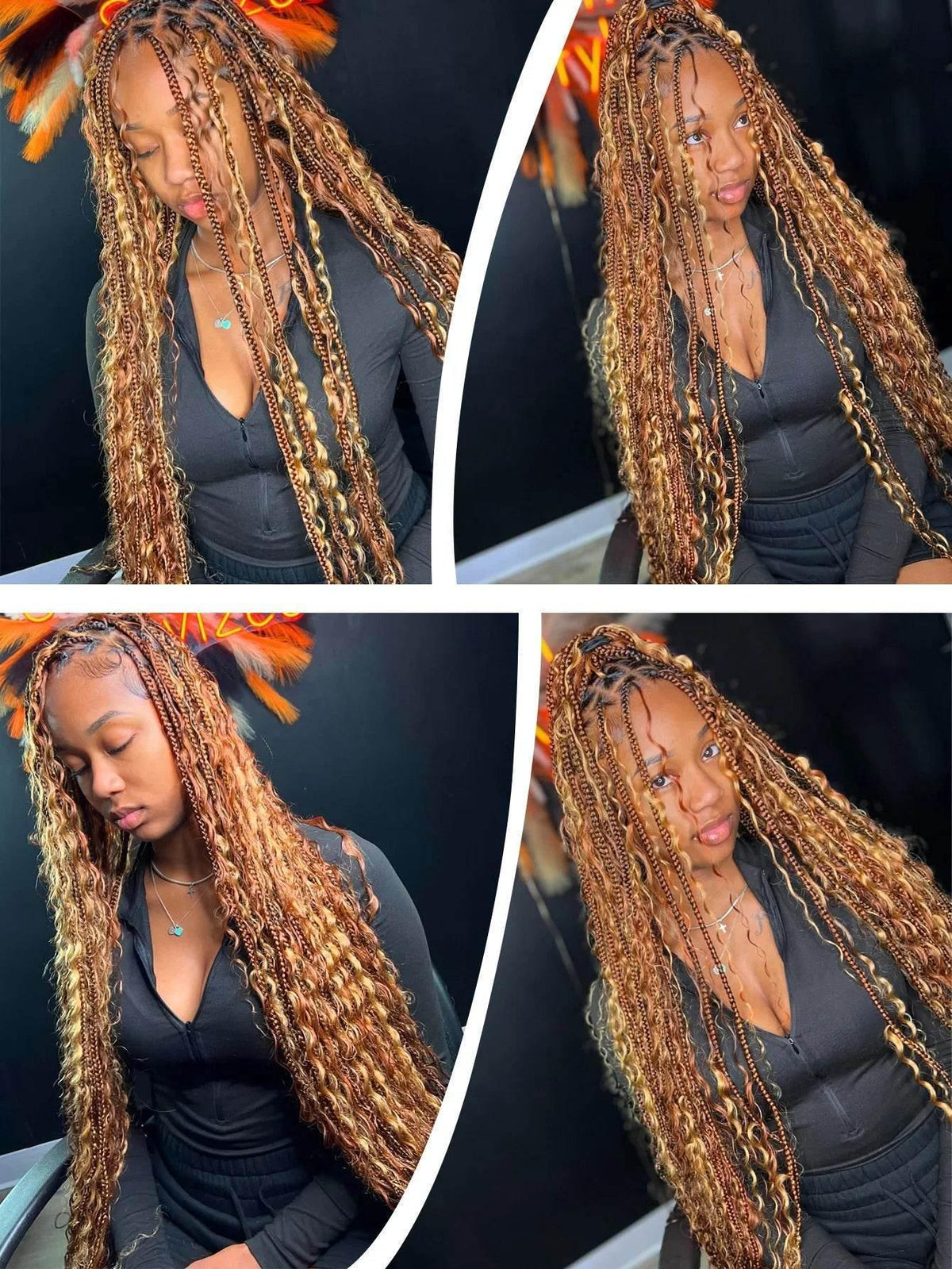 Model wearing long boho knotless braided wig with blonde ombre curls and natural baby hairs