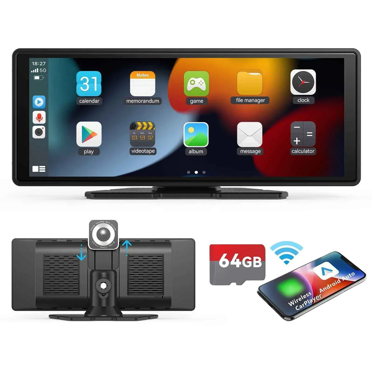 Portable 10.26-inch touchscreen car stereo on a car dashboard, featuring wireless CarPlay and backup camera.