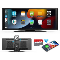Portable 10.26-inch touchscreen car stereo on a car dashboard, featuring wireless CarPlay and backup camera.