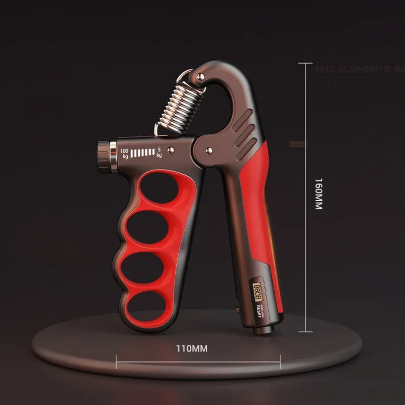 Side view of grip strengthener highlighting strong thickened spring and resistance dial.