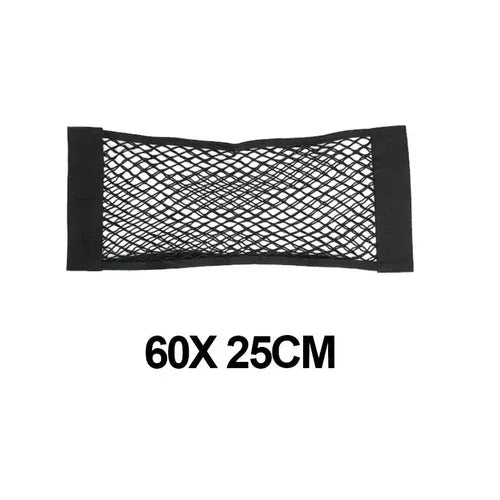 Elastic mesh net pocket installed in rear trunk of car for securing loose belongings.