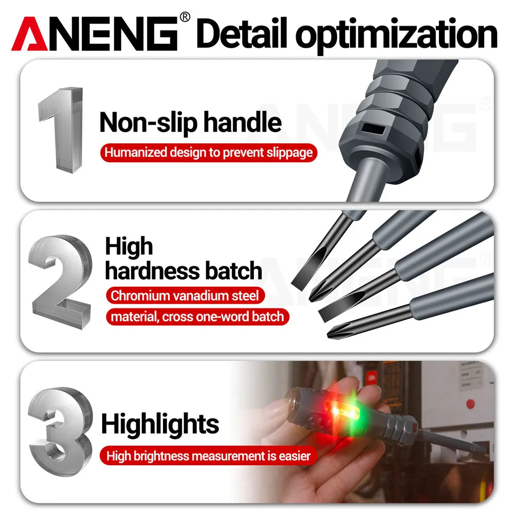 Hand holding ANENG B05 screwdriver demonstrating neon bulb indicator function during testing.
