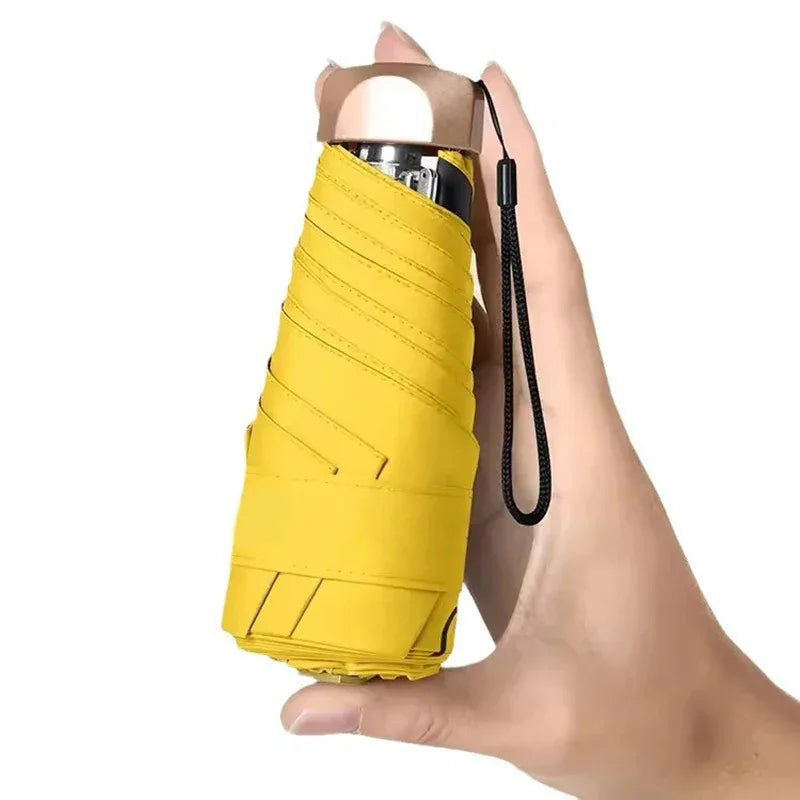 Side view of mini folding umbrella partially open with black vinyl canopy.