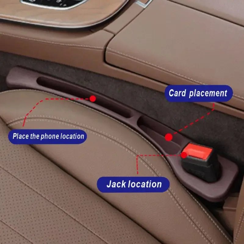 Brown car seat gap filler strip placed next to a red one, highlighting color options