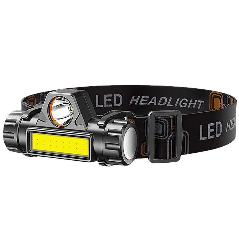 Black rechargeable USB headlamp displayed from side showing durable design details.