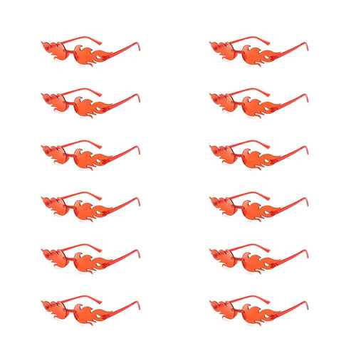 A set of 12 colorful flame-shaped sunglasses with gradient lenses, arranged in a stylish, eye-catching display.