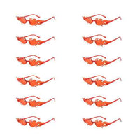 A set of 12 colorful flame-shaped sunglasses with gradient lenses, arranged in a stylish, eye-catching display.