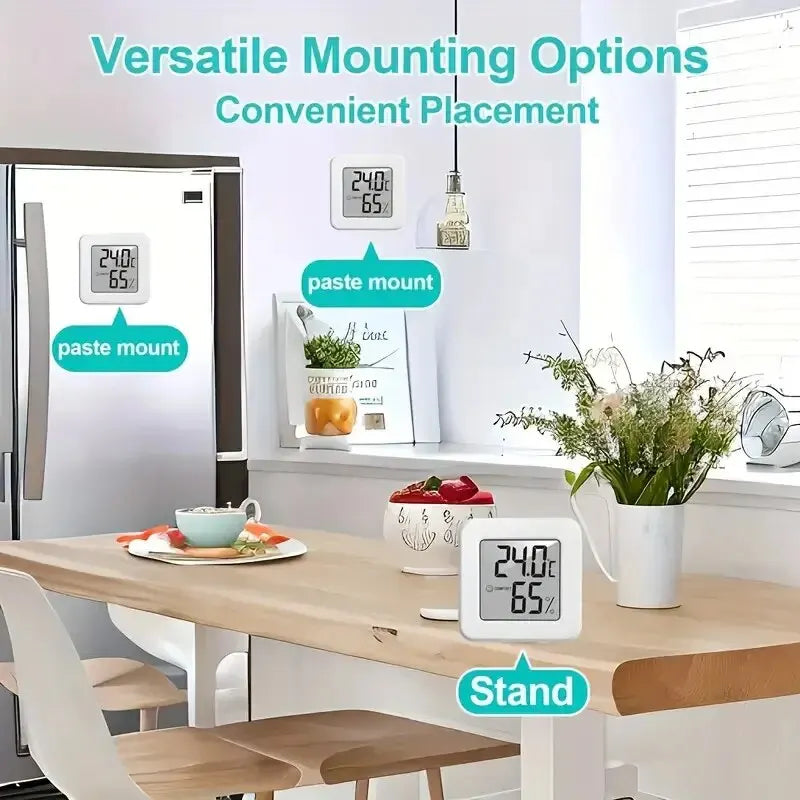 Small indoor temperature and humidity device with sleek black frame and easy-to-read digital display.