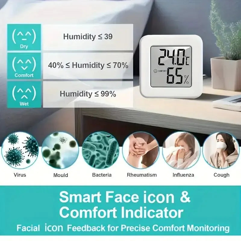 Mini indoor digital temperature and humidity monitor placed on wooden surface with clear screen.