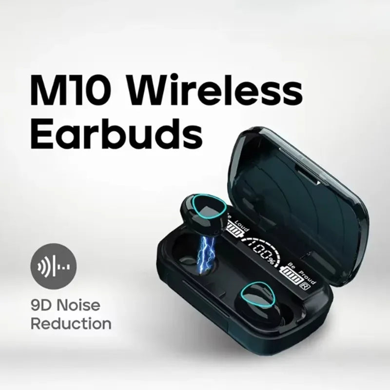 M10 Bluetooth earphones with LED display in black color shown on a white background
