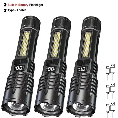 Powerful handheld LED flashlight next to 18650 battery for size comparison.