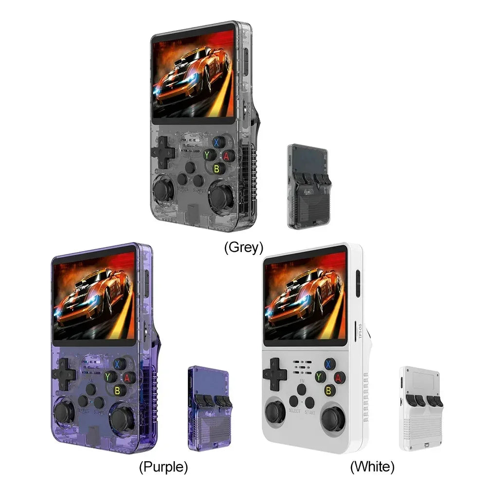 R36S handheld gaming console laying flat with buttons visible on both sides