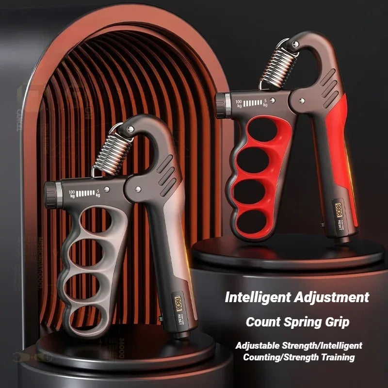 Adjustable hand strengthener with electronic counter and ergonomic handles on a white background.