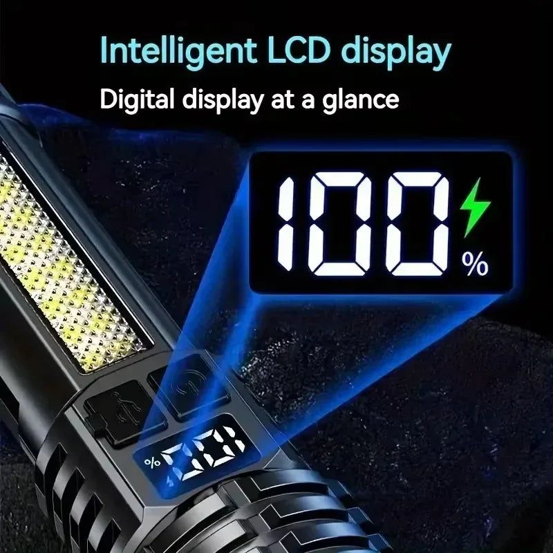 Side view of rechargeable LED flashlight showing Type-C charging port under a protective cover.