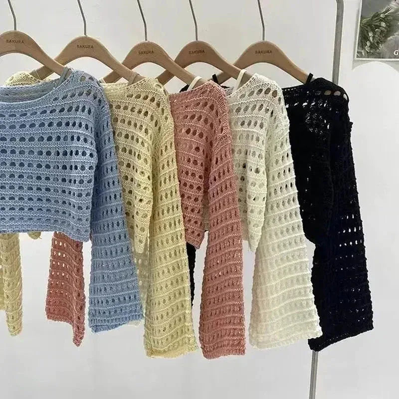 Side view of boho crochet knit crop top showing breathable knit texture.