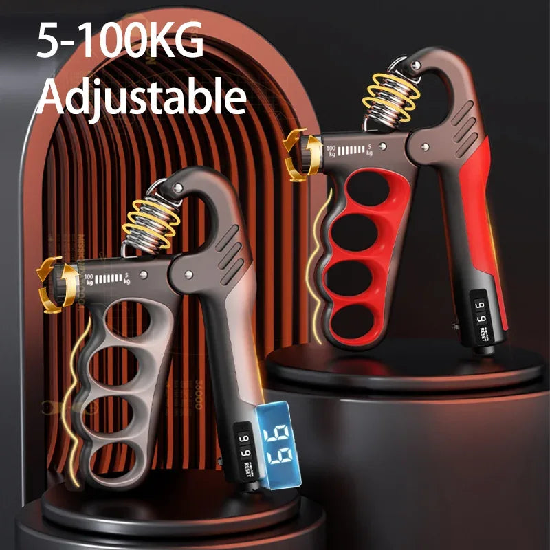 Adjustable hand grip strengthener with stainless steel spring and ergonomic handles on white background.