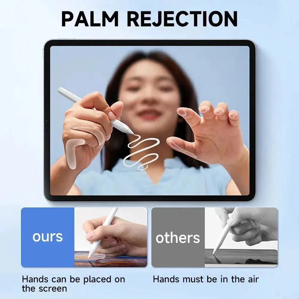 Hand resting on iPad screen while using stylus, illustrating palm rejection functionality.