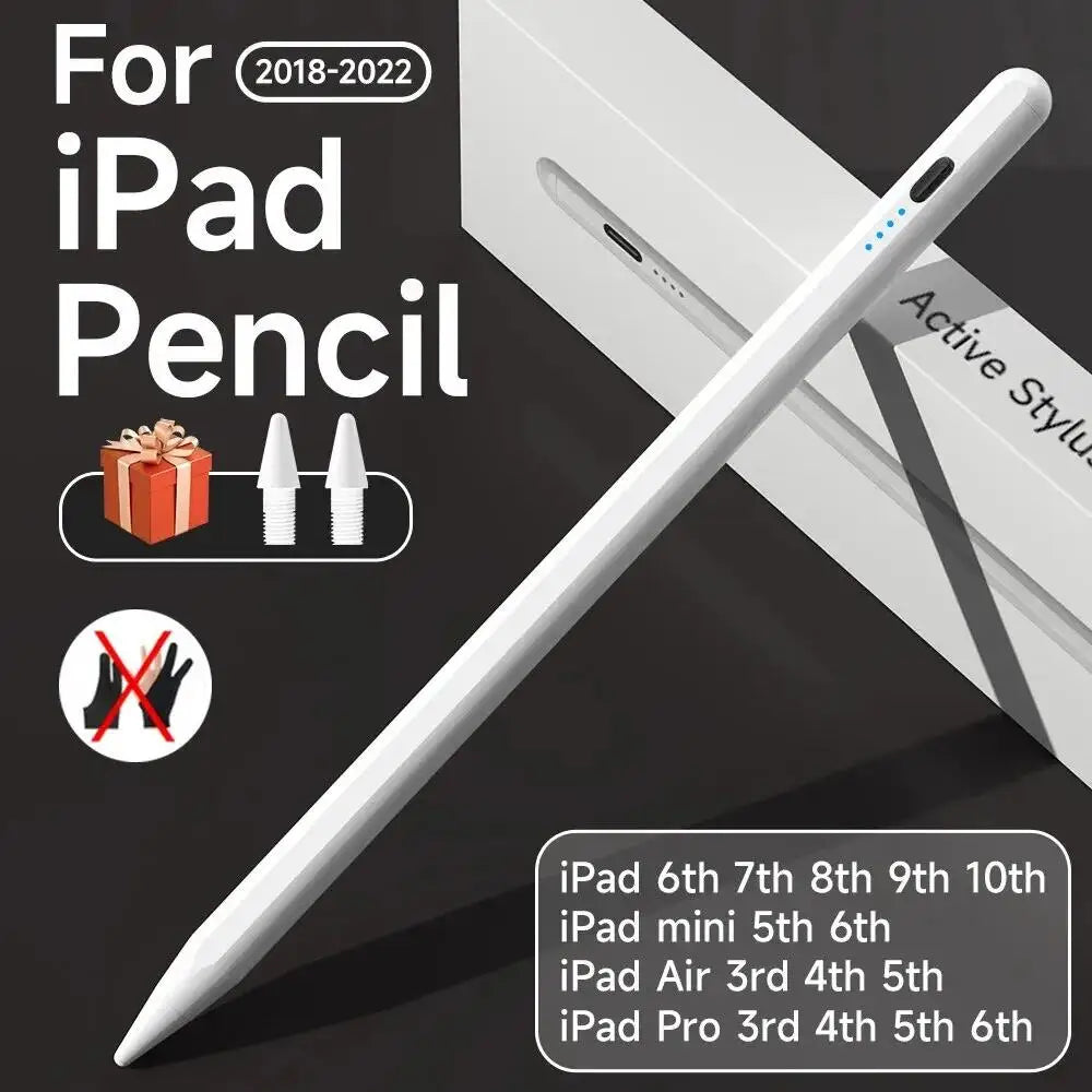 Stylus pen shown with iPad, highlighting palm rejection feature and magnetic attachment on side of iPad.