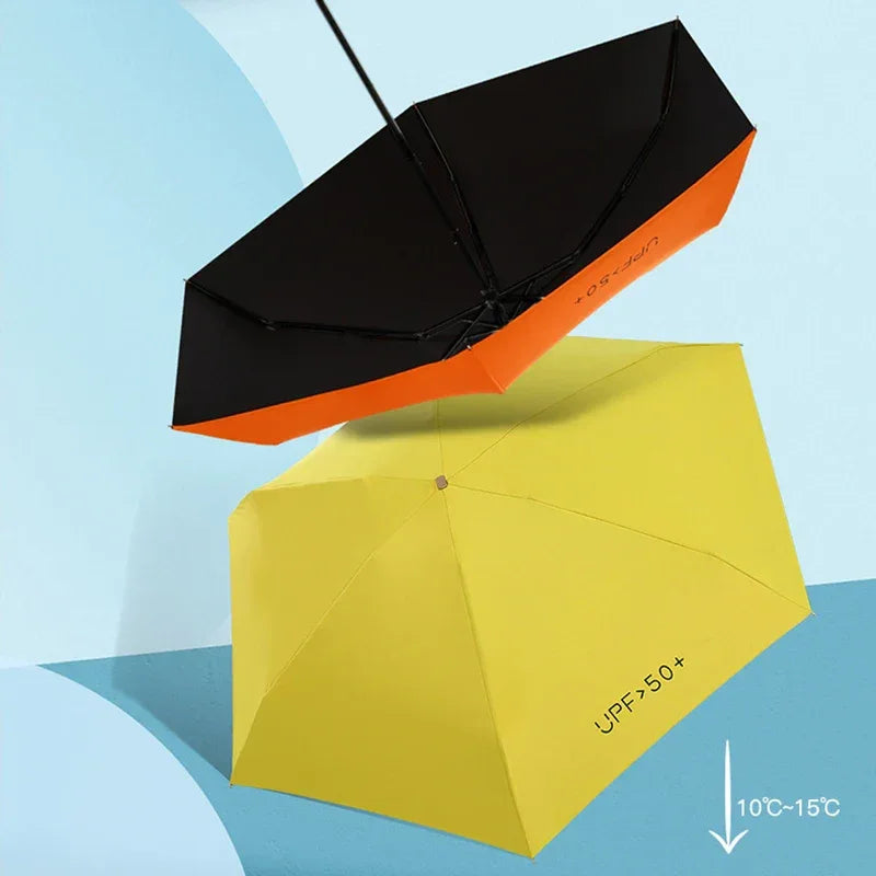 Top-down view of mini sun umbrella fully open displaying black vinyl canopy.
