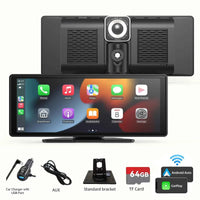 Portable 10.26-inch wireless car stereo with HD touchscreen, shown mounted on a car dashboard with backup camera.