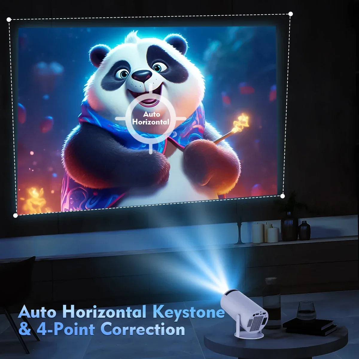 Projector displaying a vibrant video game scene in 4K on a wall.