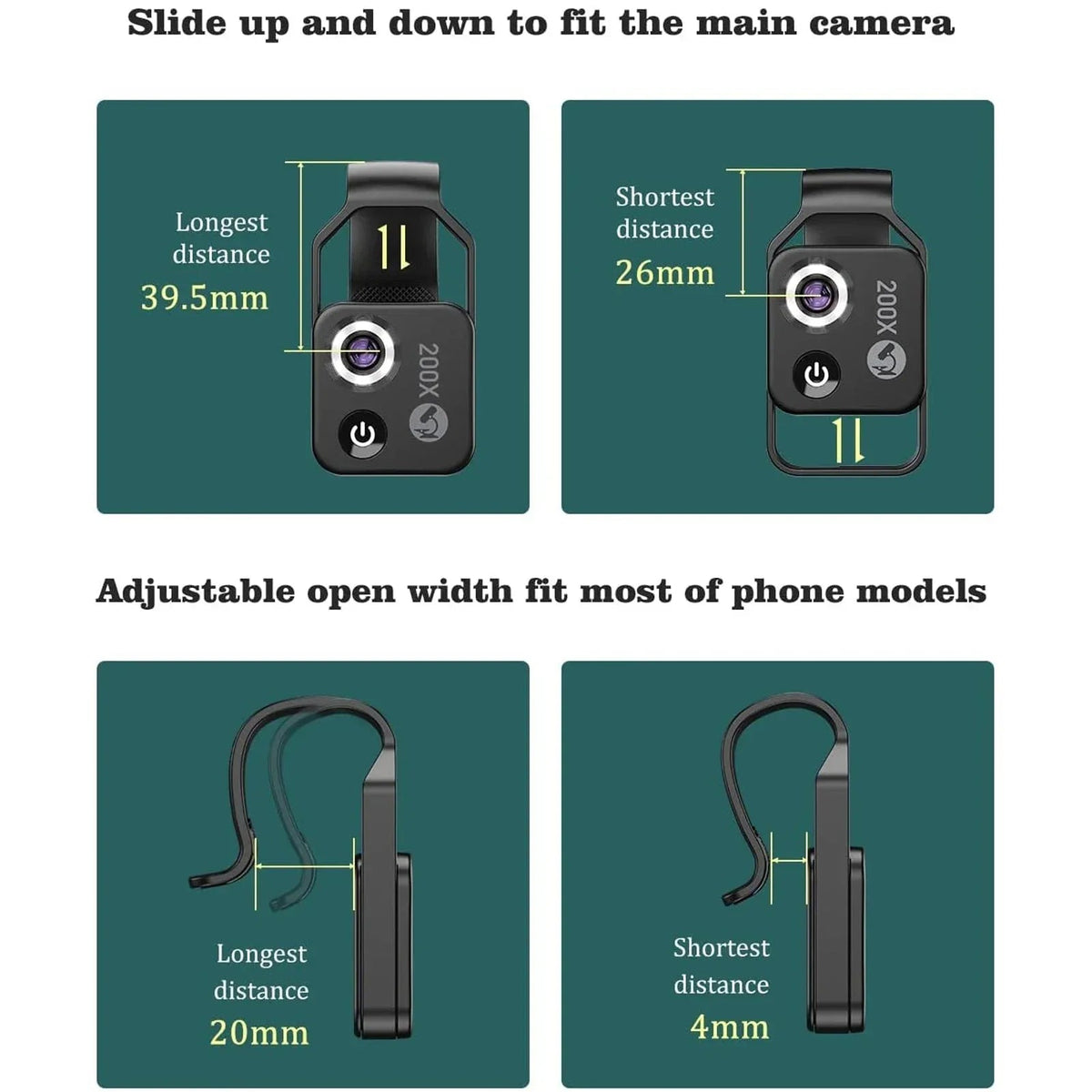 Phone microscope with CPL lens and LED light clipped on a smartphone in a user’s hand.