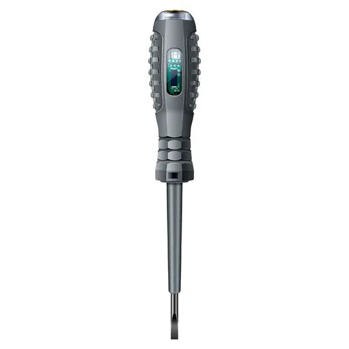 ANENG B05 electric tester screwdriver lying on white surface with illuminated neon bulb.