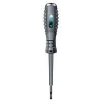 ANENG B05 electric tester screwdriver lying on white surface with illuminated neon bulb.