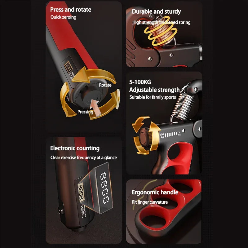 Ergonomic hand grip strengthener displayed diagonally, highlighting thickened stainless steel spring.