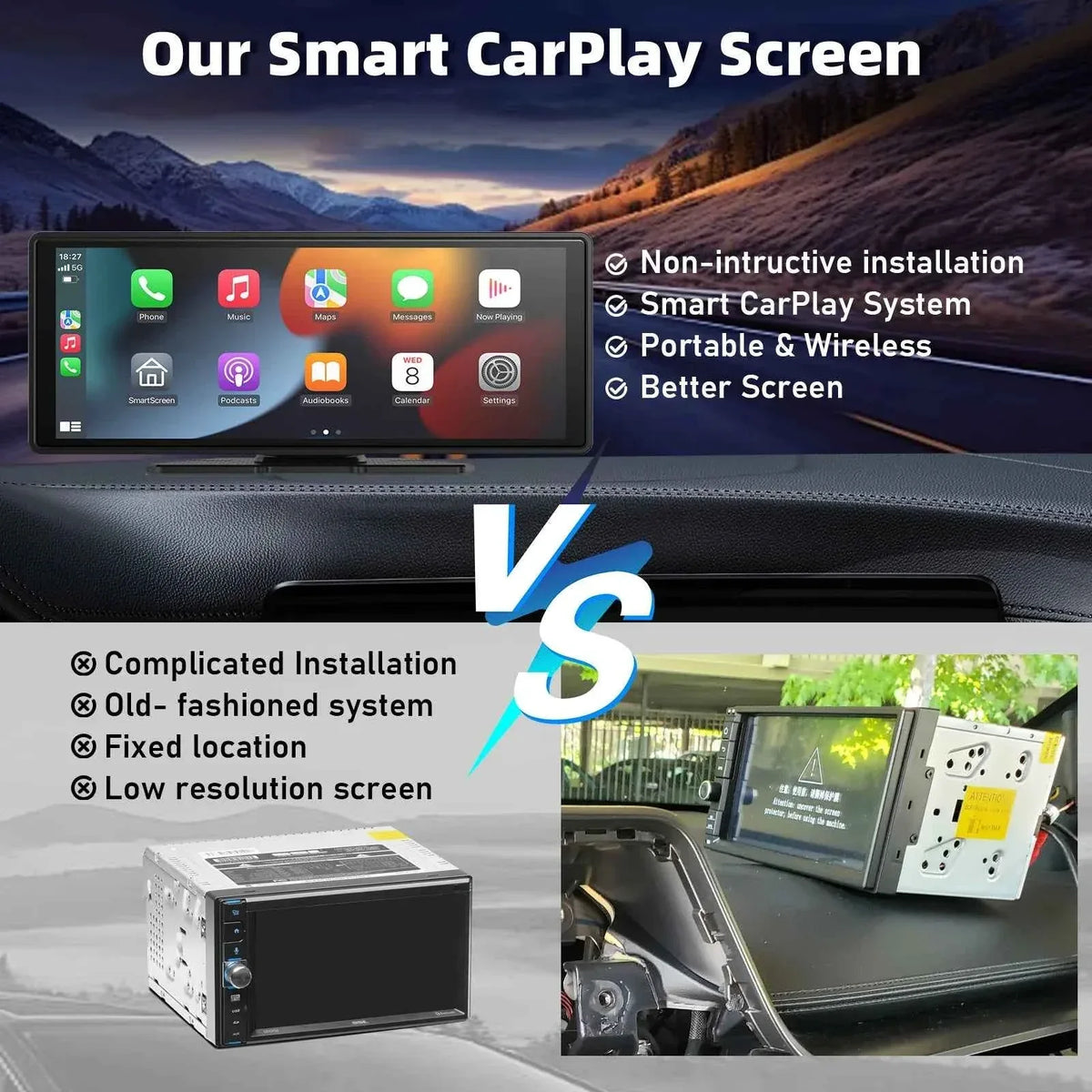 A portable 10.26-inch wireless CarPlay car stereo with HD touchscreen and backup camera, mounted on a dashboard.