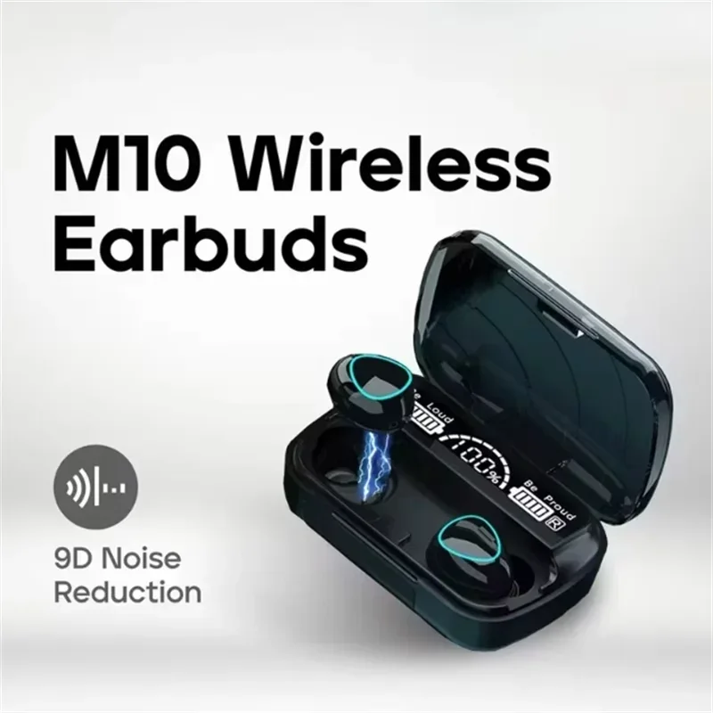M10 Bluetooth earphones with LED display showcasing HiFi sound feature and ergonomic design