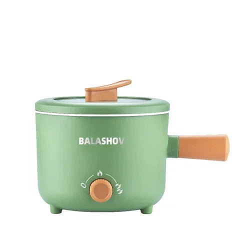 Crockpot style multi cooker shown with food inside, warming and ready to serve.