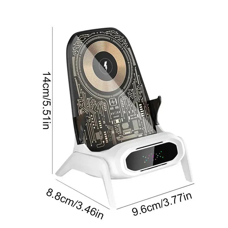 Close-up of wireless charger with smartphone placed on the chair charger.