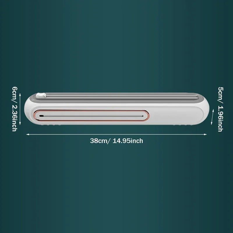 Magnetic dispenser cutting plastic wrap neatly with built-in safety cutter
