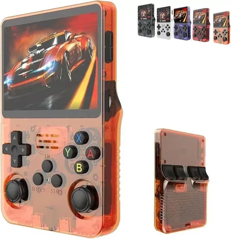 Retro handheld game console shown playing classic style video game with pixel art