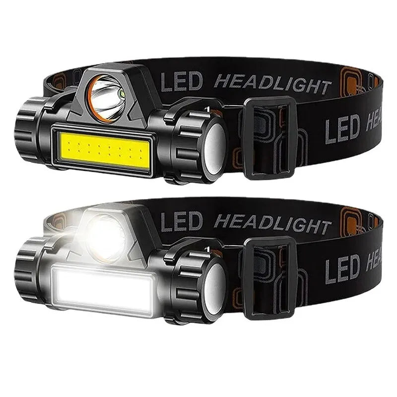 Rechargeable COB LED USB headlamp illuminated with adjustable strap on white background.