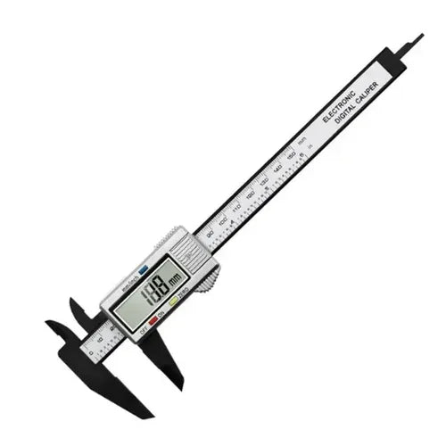 A compact plastic digital Vernier caliper resting on a white background, showing its measurement display.